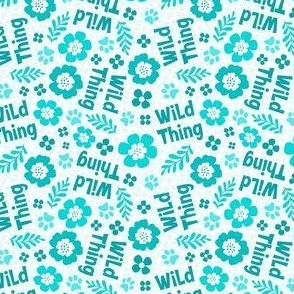 Small Scale Wild Thing Animal Paw Prints and Flowers Aqua Turquoise and Blue on White