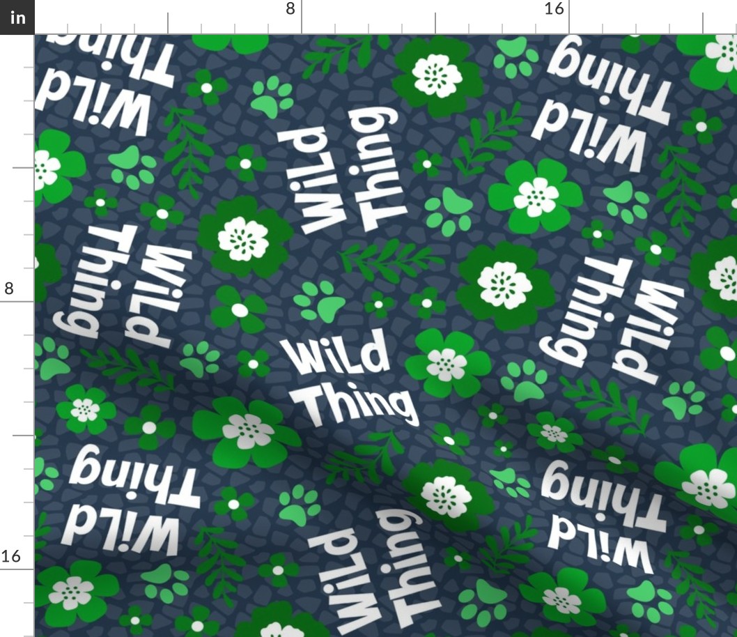 Large Scale Wild Thing Animal Paw Prints and Flowers Green and Navy