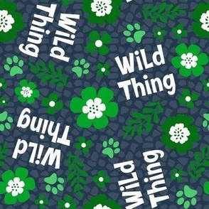 Medium Scale Wild Thing Animal Paw Prints and Flowers Green and Navy