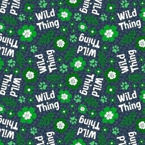 Small Scale Wild Thing Animal Paw Prints and Flowers Green and Navy