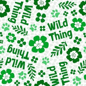 Large Scale Wild Thing Animal Paw Prints and Flowers Green and White
