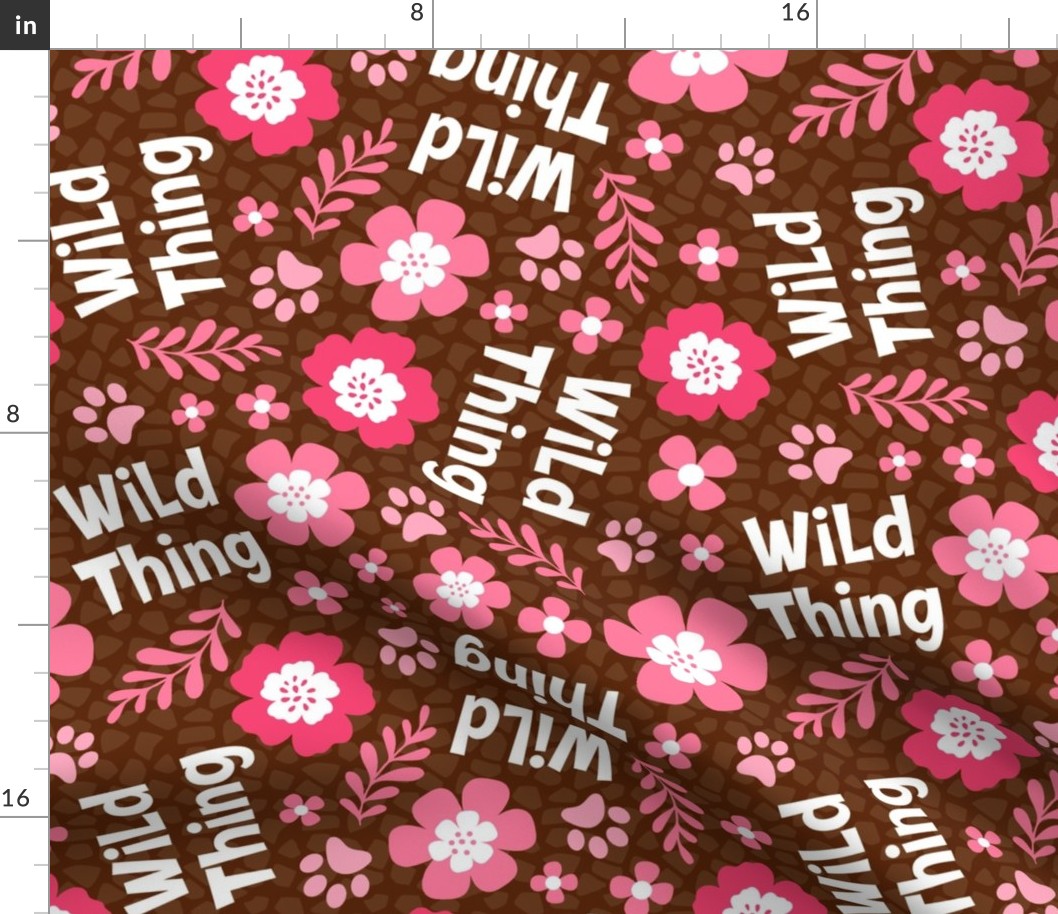 Large Scale Wild Thing Animal Paw Prints and Flowers Pink and Brown