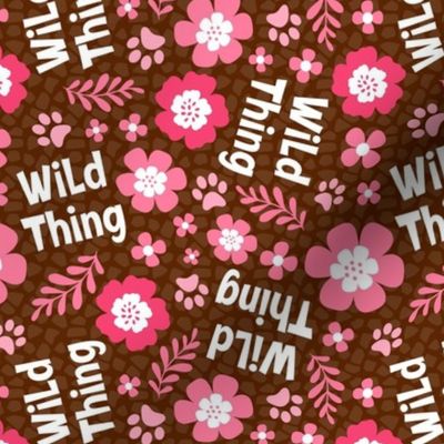 Medium Scale Wild Thing Animal Paw Prints and Flowers Pink and Brown