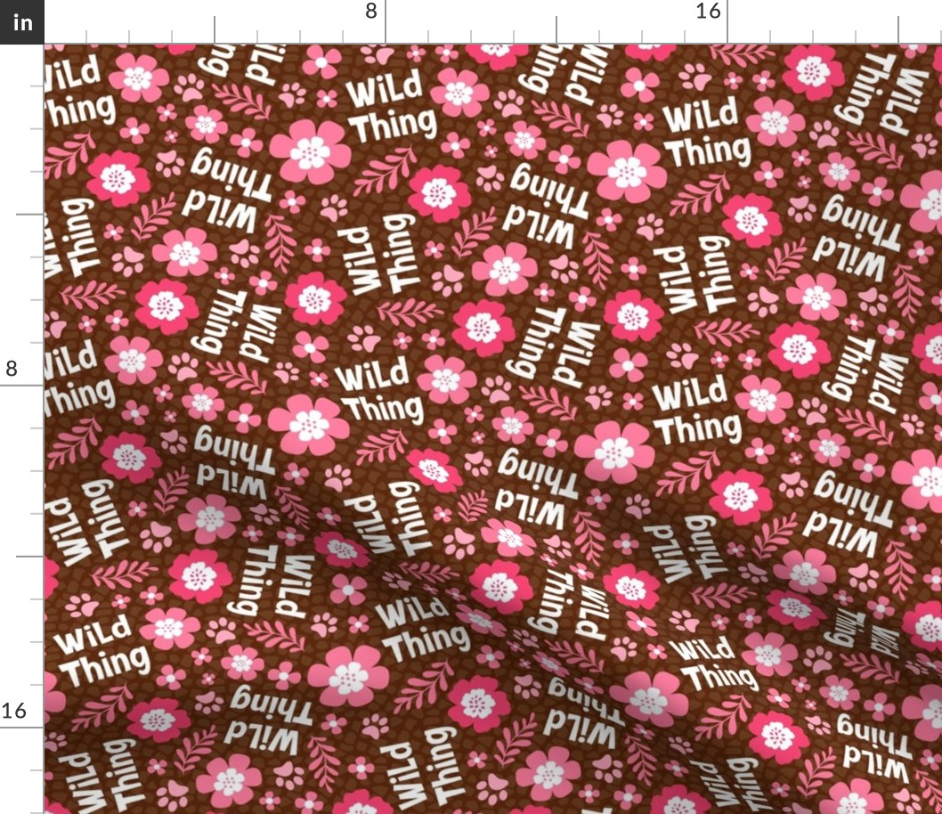 Medium Scale Wild Thing Animal Paw Prints and Flowers Pink and Brown