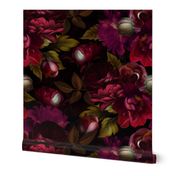 Baroque burgundy  bold moody floral flower garden with english roses, bold peonies, lush antiqued flemish flowers mystic black dark night