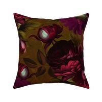 Baroque burgundy bold moody floral flower garden with english roses, bold peonies, lush antiqued flemish flowers sage and dark red 