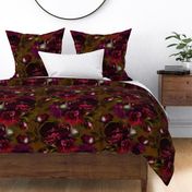 Baroque burgundy bold moody floral flower garden with english roses, bold peonies, lush antiqued flemish flowers sage and dark red 