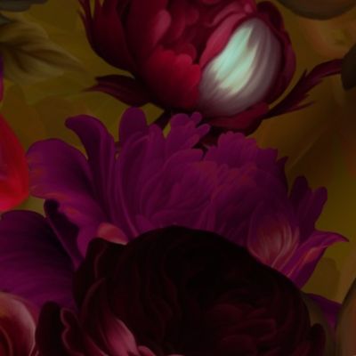 Baroque burgundy bold moody floral flower garden with english roses, bold peonies, lush antiqued flemish flowers sage and dark red 