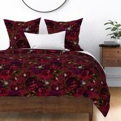 Baroque burgundy bold moody floral flower garden with english roses, bold peonies, lush antiqued flemish flowers dark red