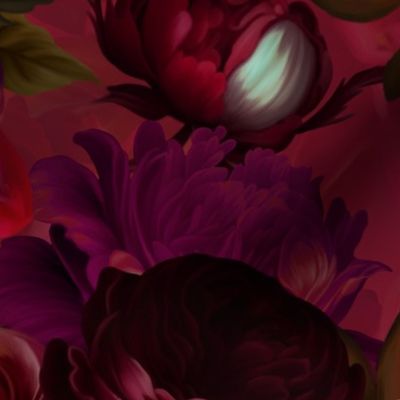 Baroque burgundy bold moody floral flower garden with english roses, bold peonies, lush antiqued flemish flowers dark red