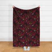 Baroque burgundy bold moody floral flower garden with english roses, bold peonies, lush antiqued flemish flowers dark red