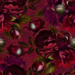 Baroque burgundy bold moody floral flower garden with english roses, bold peonies, lush antiqued flemish flowers dark red