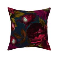 Baroque burgundy bold moody floral flower garden with english roses, bold peonies, lush antiqued flemish flowers teal and red