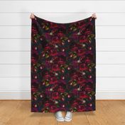 Baroque burgundy bold moody floral flower garden with english roses, bold peonies, lush antiqued flemish flowers teal and red