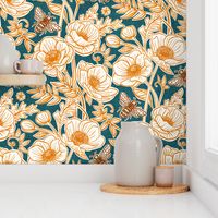 Bee Floral with Anemones in Golden Ochre and Teal - large