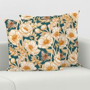 Bee Floral with Anemones in Golden Ochre and Teal - large