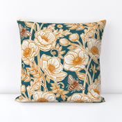 Bee Floral with Anemones in Golden Ochre and Teal - large