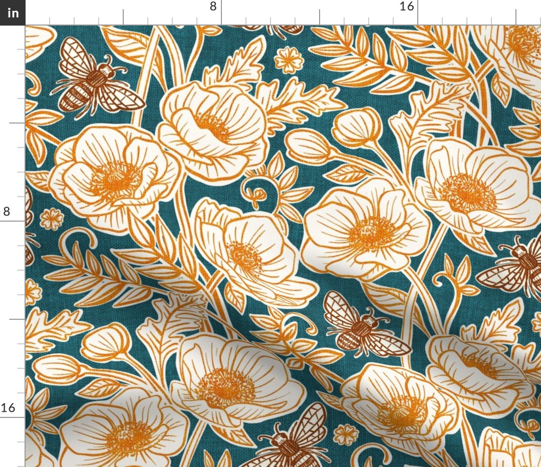 Bee Floral with Anemones in Golden Ochre and Teal - large