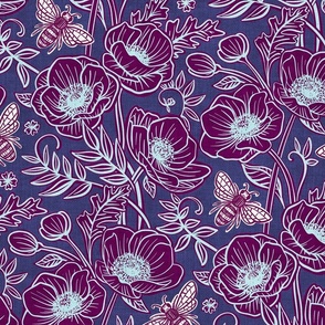 Bee Floral with Anemones in Deepest Plum and Blue - large