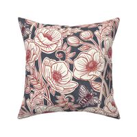 Bee Floral with Anemones in Desaturated Red, Blue Grey and Cream - large