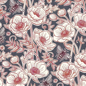 Bee Floral with Anemones in Desaturated Red, Blue Grey and Cream - large