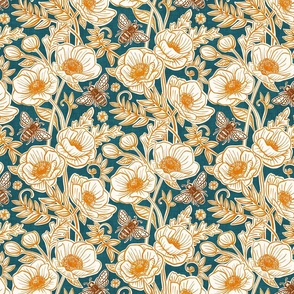 Bee Floral with Anemones in Golden Ochre and Teal - medium