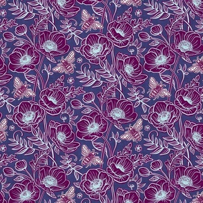Bee Floral with Anemones in Deepest Plum and Blue - medium