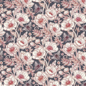 Bee Floral with Anemones in Desaturated Red, Blue Grey and Cream - medium