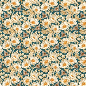 Bee Floral with Anemones in Golden Ochre and Teal - small