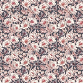 Bee Floral with Anemones in Desaturated Red, Blue Grey and Cream - small