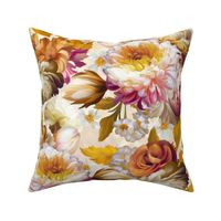 Baroque bold moody floral flower garden with english roses, bold peonies, lush antiqued flemish flowers beautiful summer day
