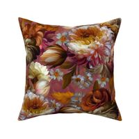 Baroque bold moody floral flower garden with english roses, bold peonies, lush antiqued flemish flowers golden sunny day