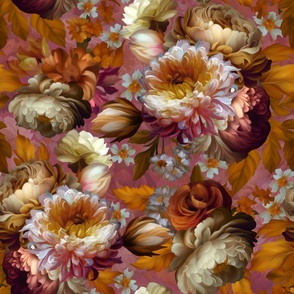 Baroque bold moody floral flower garden with english roses, bold peonies, lush antiqued flemish flowers golden sunny day