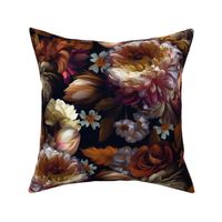 Baroque bold moody floral flower garden with english roses, bold peonies, lush antiqued flemish flowers mystic night 