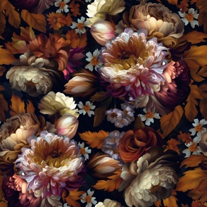 Baroque bold moody floral flower garden with english roses, bold peonies, lush antiqued flemish flowers mystic night 