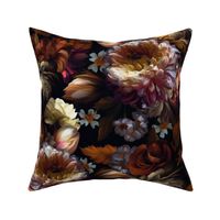 Baroque bold moody floral flower garden with english roses, bold peonies, lush antiqued flemish flowers mystic dark night