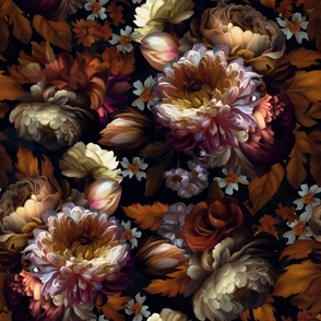 Baroque bold moody floral flower garden with english roses, bold peonies, lush antiqued flemish flowers mystic dark night