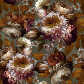 Baroque bold moody floral flower garden with english roses, bold peonies, lush antiqued flemish flowers sepia 