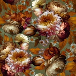 Baroque bold moody floral flower garden with english roses, bold peonies, lush antiqued flemish flowers luxury sun