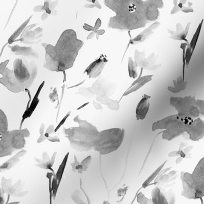 Silver grey tuscan meadow with gray poppies and wild flowers - watercolor florals for modern summer home decor a392-6