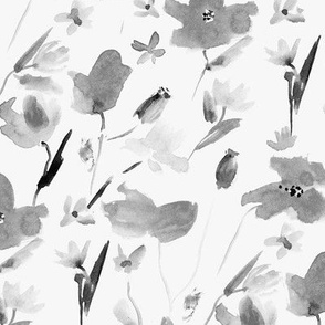 Silver grey tuscan meadow with gray poppies and wild flowers - watercolor florals for modern summer home decor a392-6