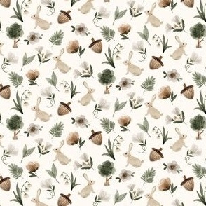 ditsy woodland rabbits with trees and acorns in green and neutral brown - small