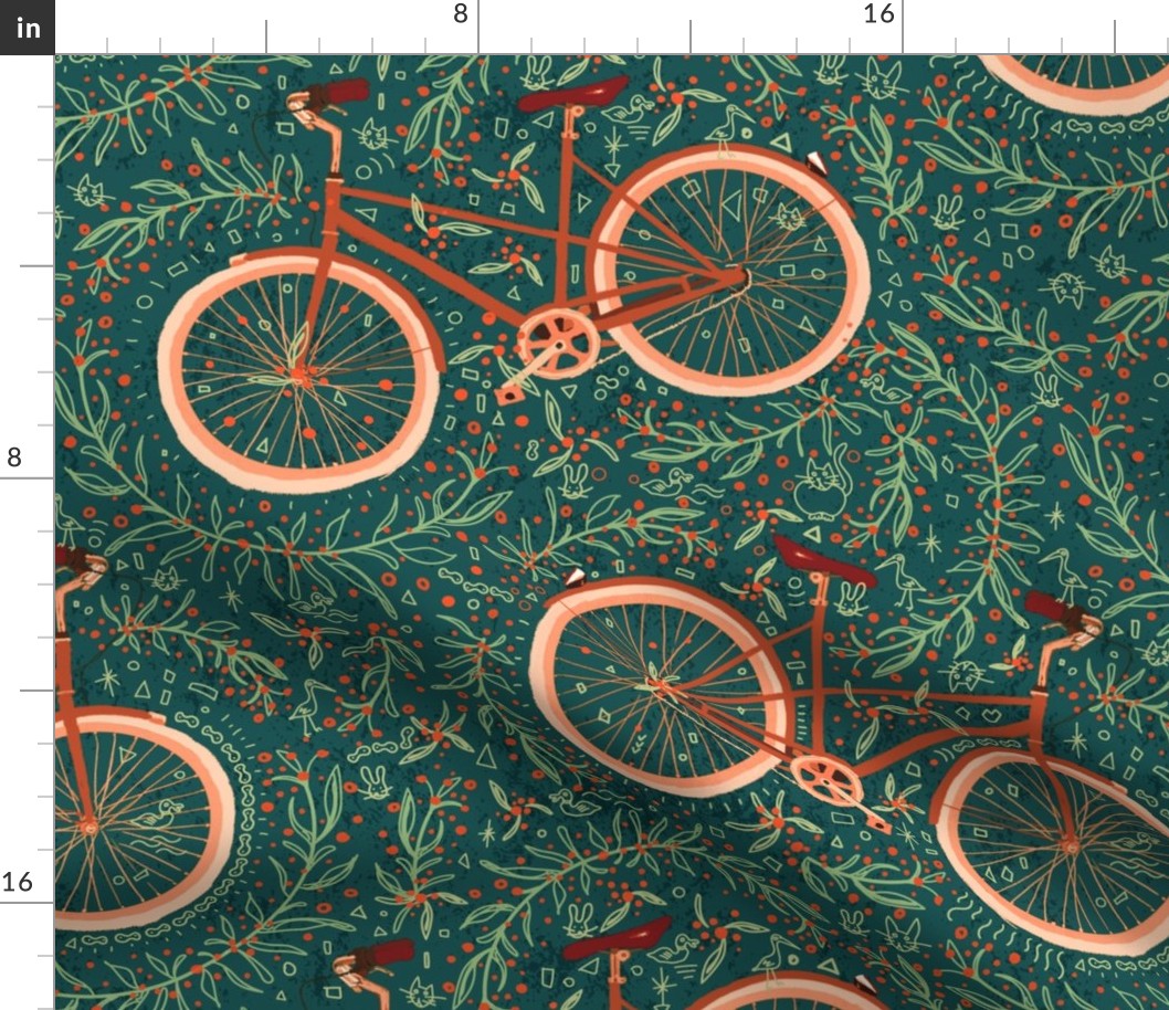 Bicycle ride through the dunes | Buckthorn shrubs | cat, rabbit, duck&heron doodle on green teal texture | Large