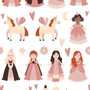 Large jumbo scale // Princesses to my princess // monochromatic cute princesses and unicorns to print on wallpaper cut and stick on the bedroom wall