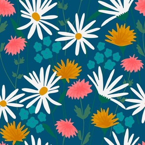 Tossed Spring Florals On Dark Blue - Large