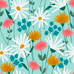 Tossed Spring Florals On Light Teal - Large - 20x20 inch repeat