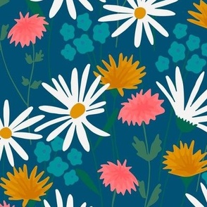 Tossed Spring Florals On Dark Blue - Medium