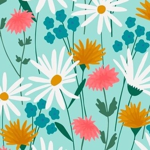 Tossed Spring Florals On Light Teal - Medium