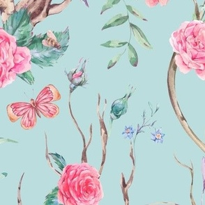 Gentle garden roses and butterflies on blue, Chinoiserie inspiration, large scale