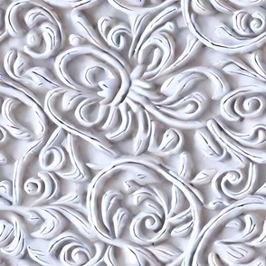 textured raised faux embossed in white distressed wood carving